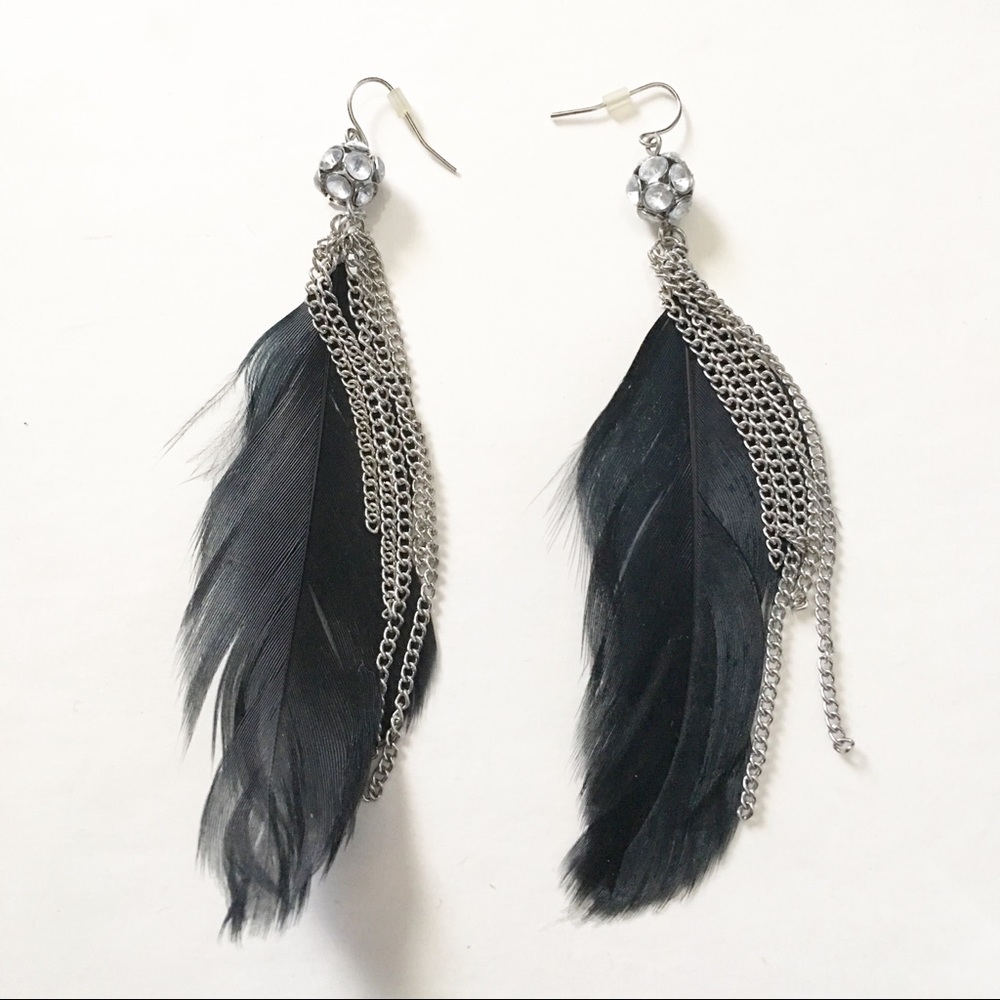 Long black and silver feather earrings